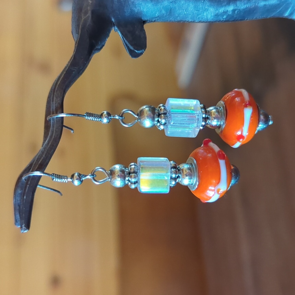 Orange and White Glass Bead and Swarovski Cube Crystal Dangle Earrings. Like New